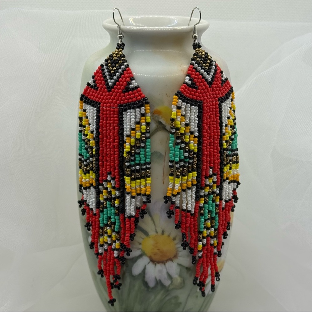 Handcrafted long glass Beaded Native American Earrings Red Turquoise